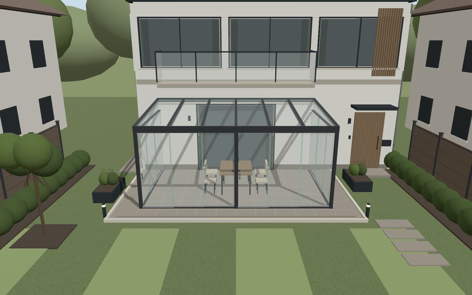 3D-Konfigurator: Kaltwintergarten 6 × 4 m mit Glasschiebewänden am Haus, Ansicht aus dem Garten