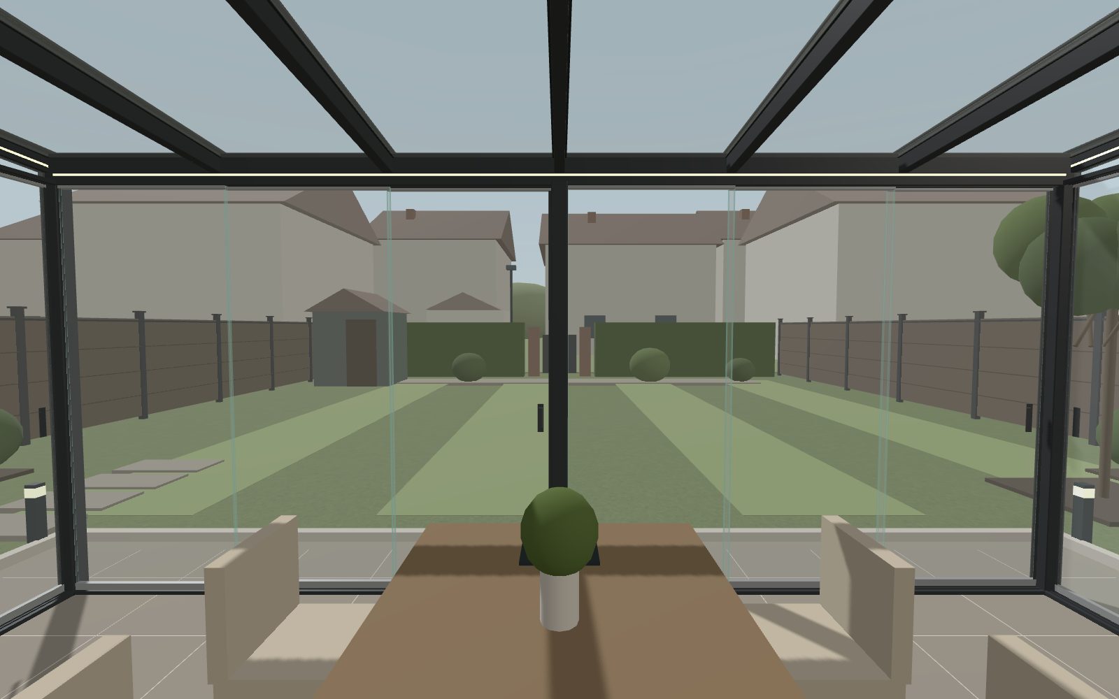 Blick von innen: Kaltwintergarten mit Glasschiebewand und Esstisch